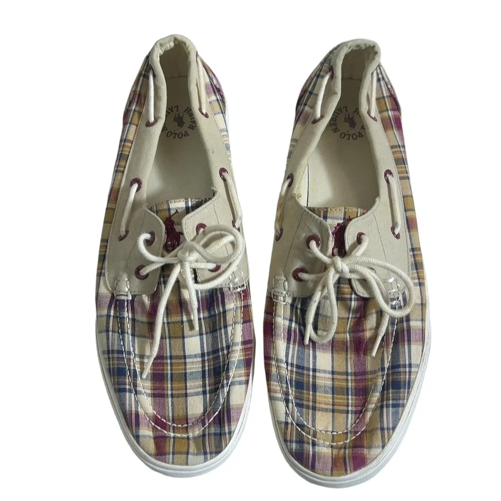 Polo Ralph Lauren Plaid Canvas Boat Shoes Multicolor Preppy Loafers Size 13D